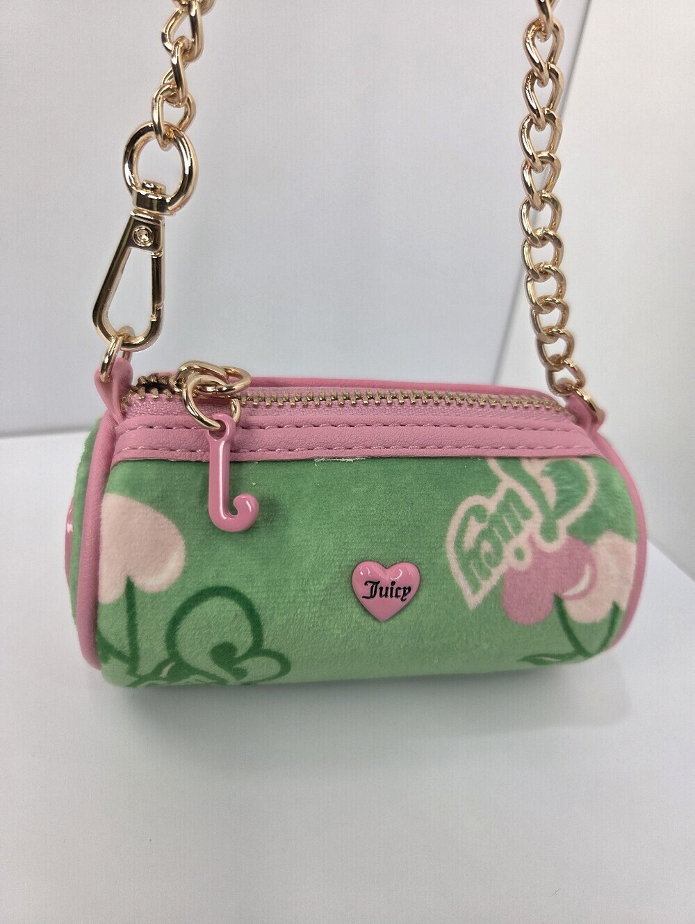 Juicy Couture Green & Pink Velvet Mini Barrel Bag Charm Or Key Chain Coin Pouch